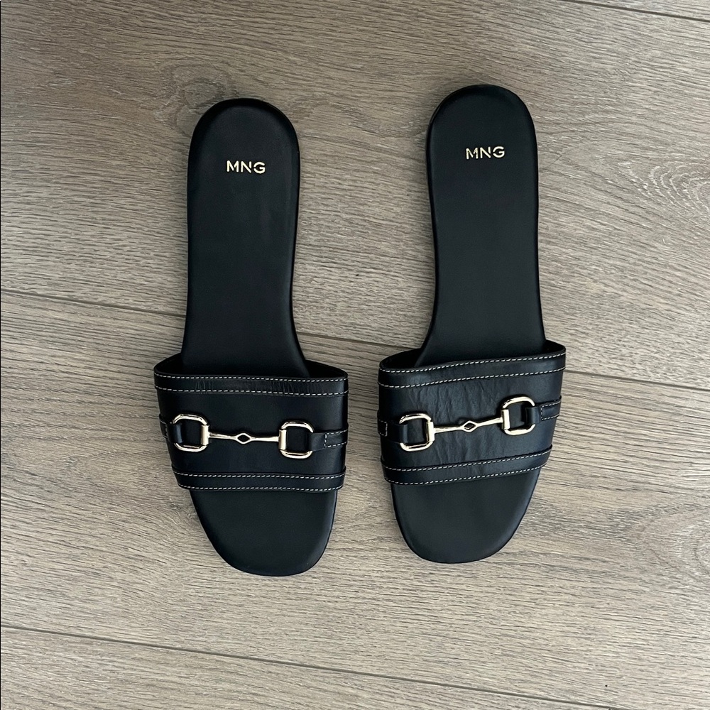 Mango Black Slide Sandals with Gold Hardware